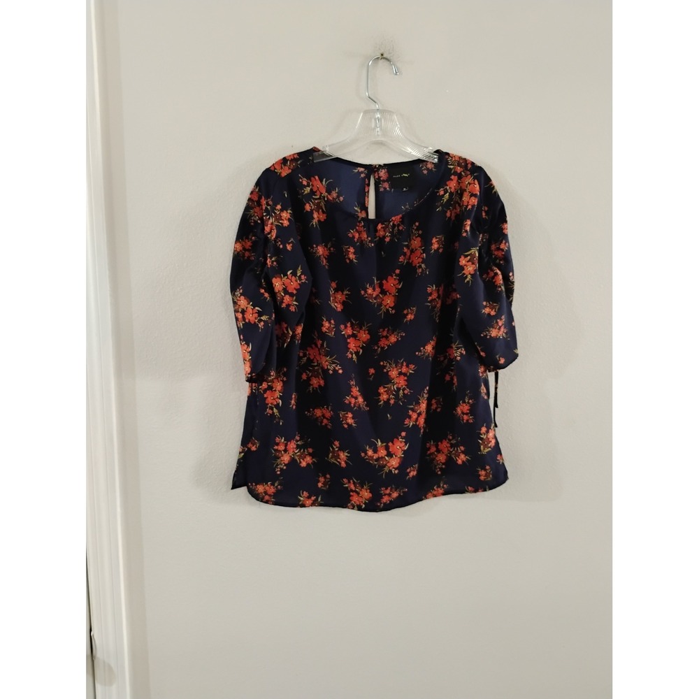 Alex Marie Navy Blue Floral Tie Sleeve Keyhole Back Blouse Medium